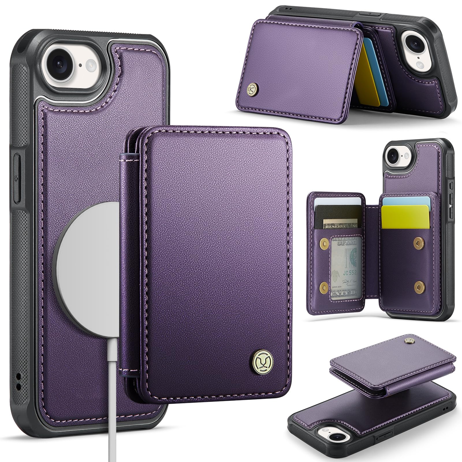 Photo 1 of Usroom Compatible with Magsafe for iPhone 16E Wallet Case Magnetic Card Holder, RFID Blocking 2 in 1 Detachable Kickstand Shockproof Cover for Women Men, Purple