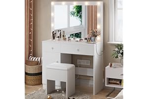 Haewon Vanity Desk with Mirror, 11 LED Lights and Power Outlet, Makeup Vanity Set with Storage Cabinet, Drawers and Chair, White Dressing Table with 3 Adjustable Light Modes for Bedroom