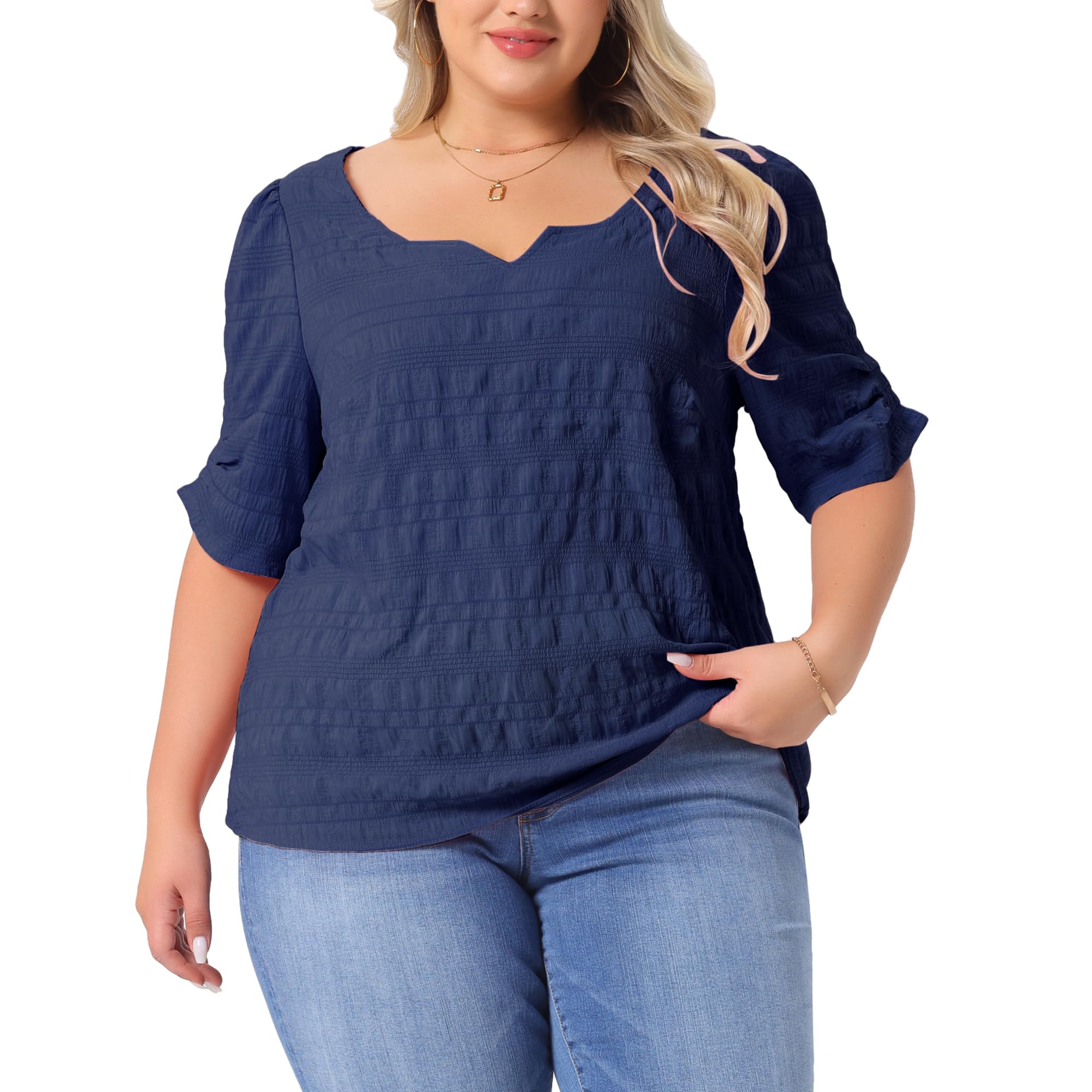 Agnes Orinda Plus Size Top for Women Textured Notched V Neck Short ...