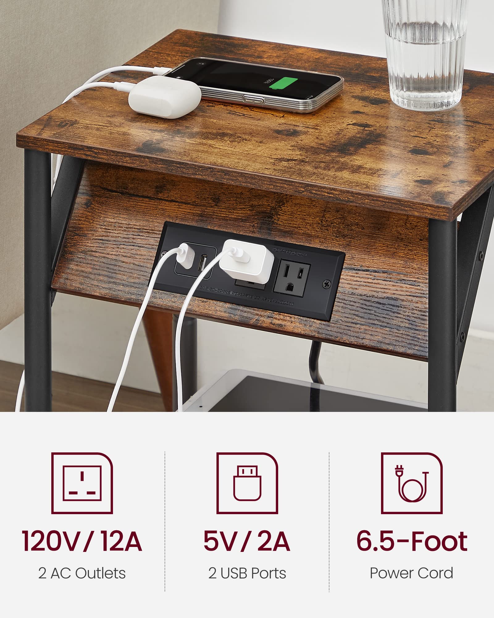 VASAGLE End Table with Charging Station, Small Side Table for Living Room, Bedroom, Nightstand with Outlets and USB Ports, Bedside Table with Storage Shelf, Rustic Brown and Black