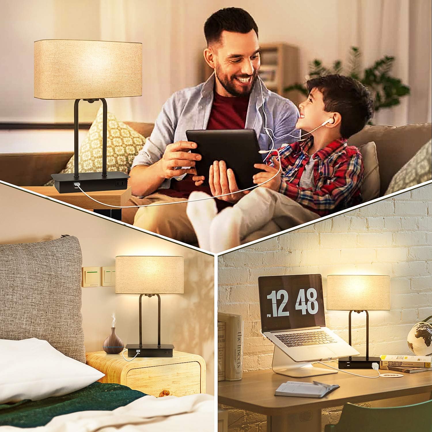 3-Way Dimmable Touch Control Table Lamp with 2 USB Ports and AC Power Outlet Modern Bedside Nightstand Lamp with Fabric Shade and Metal Base for Guestroom Bedroom Living Room & Hotel LED Bulb Included: Home Improvement