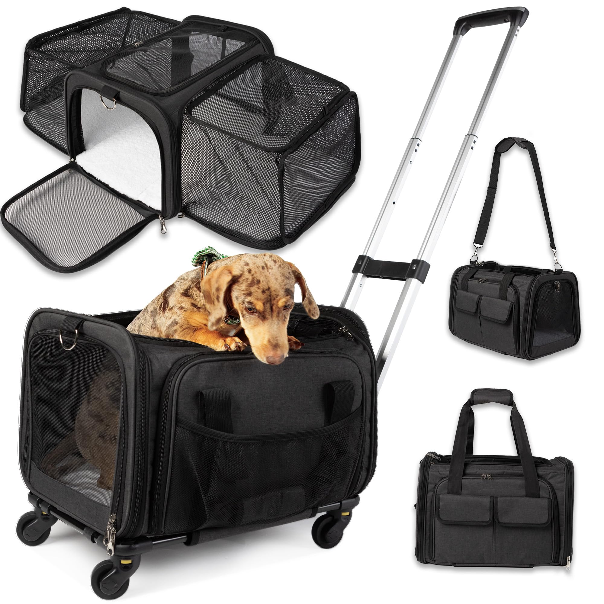 Photo 1 of Pet Carrier with Wheels | Delta American Frontier Airline Approved | Two Expandable Sides, Storage Pockets Adjustable Leash | Rolling Dog and Cat Carrier TSA Compliant (Black 17x12.5x11)