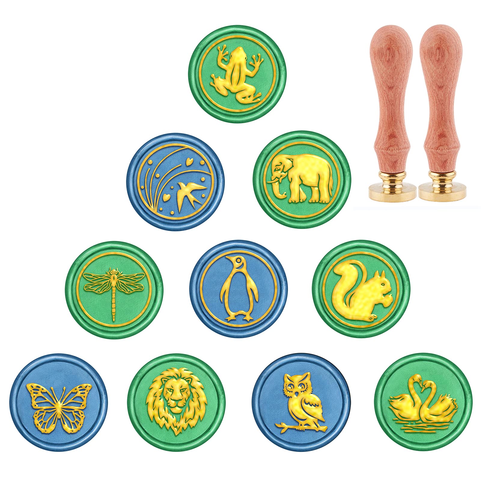 CRASPIRE Sealing Wax Stamp Set, Animal Theme Wax Seal Stamp Set 10Pcs Removable Sealing Brass Head Retro Stamp 2Pcs Wooden Handle for Wedding Invitations Gift Packing Cards Letters Envelopes