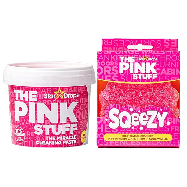 STARDROPS – THE PINK STUFF MIRACLE CLEANING PASTE & SQEEZY SCRUBBER SPONGE BUNDLE – ALL-PURPOSE, NON-SCRATCH CLEANER FOR KITCHENS, BATHROOMS, WALLS, FLOORS, POTS, GROUT, AND MORE