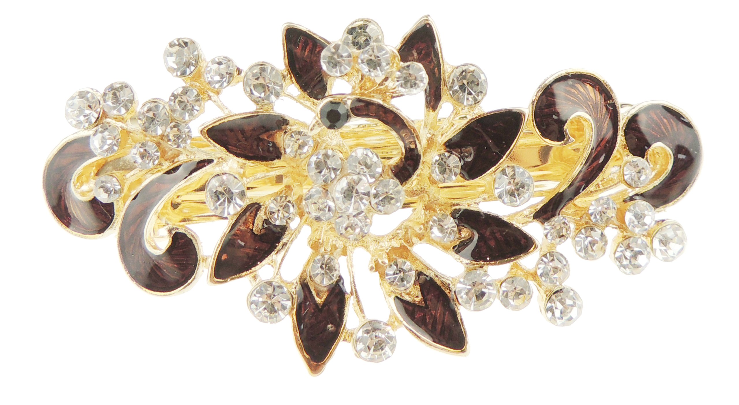 Womens Girls Crystal Rhinestone Diamante Wedding Birthday Party Evening Ponytail Fine Medium Hair Accessories Occasion Barrette Hairpin Grip French Spring Clip Metal Enamel Daisy Floral Flower (Brown)