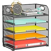 Kinkota Paper Organizer Letter Tray with Handle, 5-Tier Black Stackable Desk Organizer with Metal Mesh, Sturdy Paper Tray for Office Desk, Home & Classroom Supplies Storage