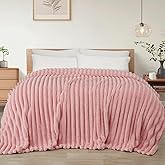 Exclusivo Mezcla Queen Size Flannel Fleece Blanket, Super Soft Striped Jacquard Bed Blanket, Lightweight Fuzzy Cozy for All Seasons, 90x90 Inches, Pink