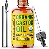 Seven Minerals 4oz Organic Castor Oil for Eyelashes, Eyebrows, Face & Hair Growth - Glass Bottle, Cold Pressed & Hexane Free 