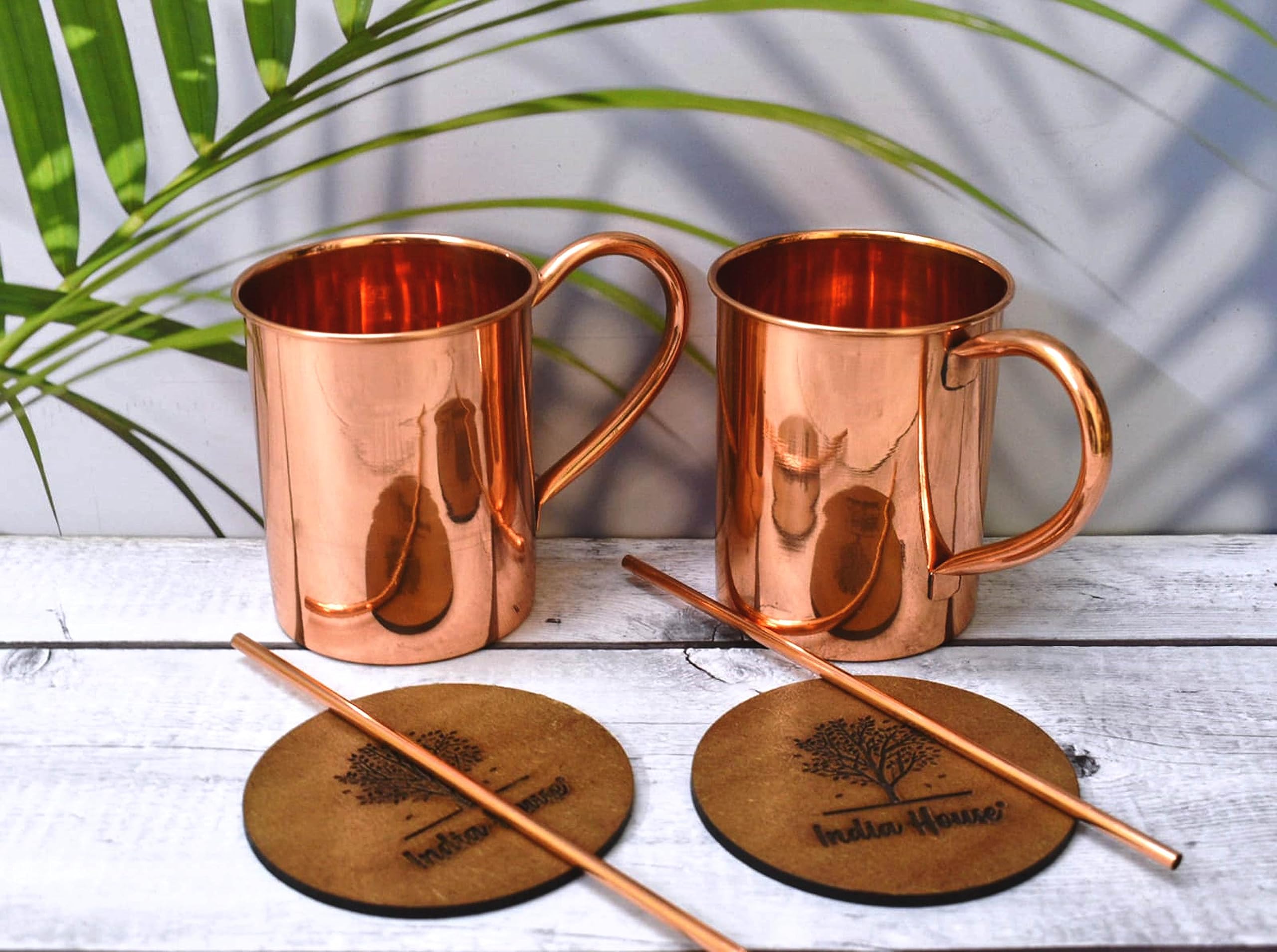India House - Moscow Mule Cup Set, 16 oz | Cocktail Cup Set | 100% Copper | Copper Glasses | Party Gift (pure copper plain smooth finishing set of 2 mugs (2 coaster, 2 straw free)
