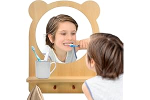 Kizfarm Montessori Wooden Acrylic Wall Mirror for Toddlers, Entryway Mirror with Hooks and Shelf, Unbreakable Kids Safety Self-Care Station for Playroom Classroom Bathroom (Beech Wood)