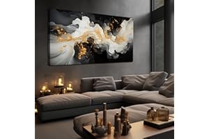 JuhaiArt Large Abstract Canvas Wall Art Black Art Wall Decor for Living Room White Canvas Picture Bedroom Fluid Poster Gold Artwork Office 29" x 59"