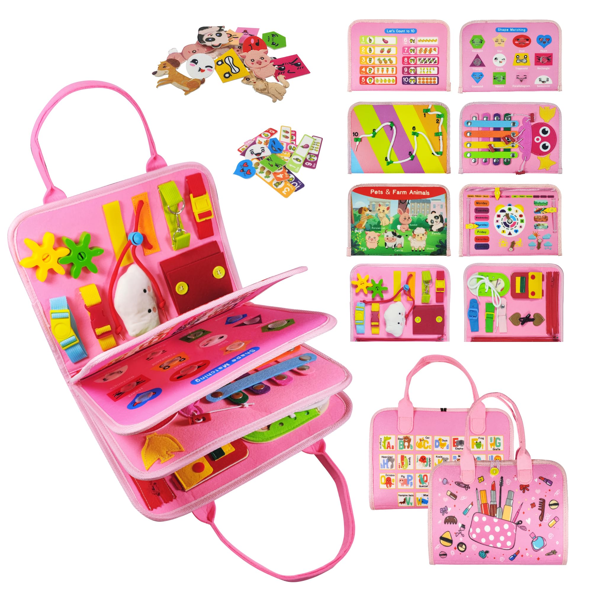 TenFans ​​Montessori Busy Board for Toddlers 3-5 Years - Sensory Toys for Fine Motor Skills - Felt Travel Activity Board with Zipper