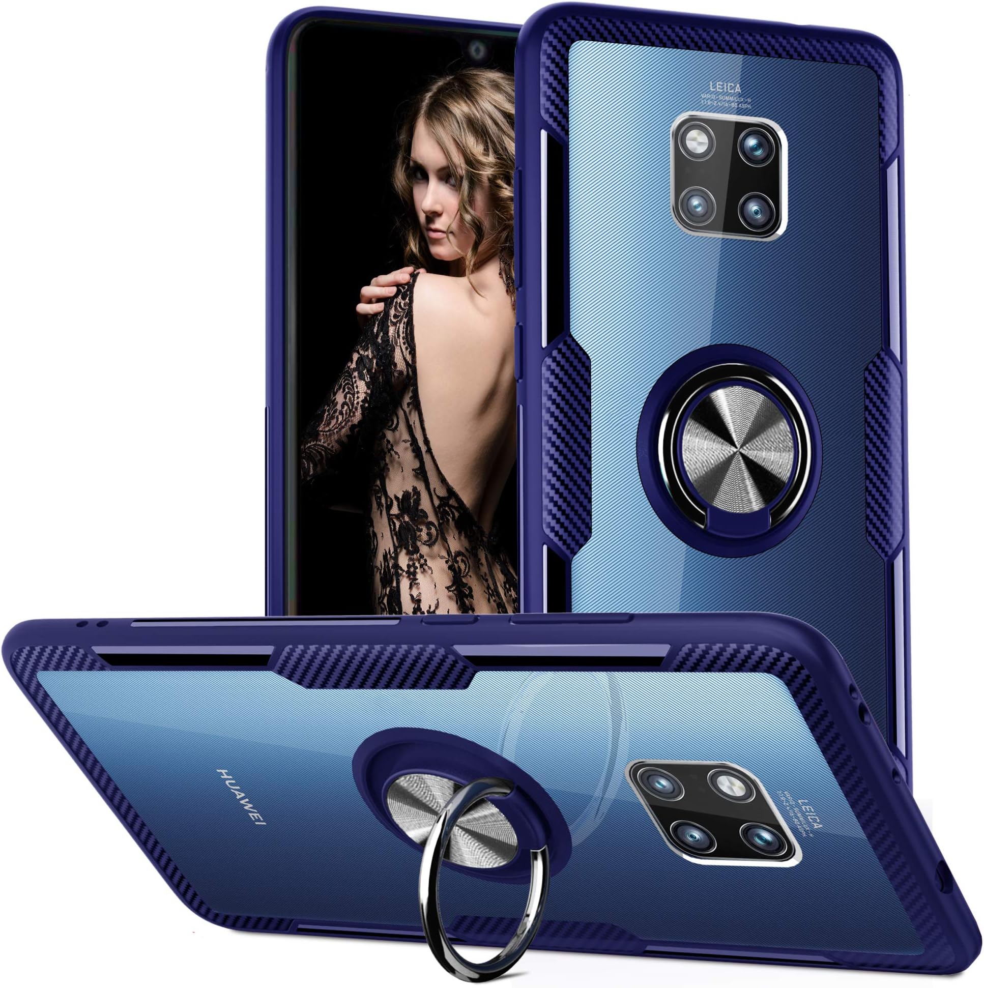 Qseel for Huawei Mate 20 Pro Clear Ring Armor Case, One-Piece Shockproof Cover Hybrid Defender Combined with High-Density TPU Rim, Hard Crystal PC Panel and Built-in Ring Holder (Mate 20 Pro, Blue)