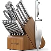 Astercook Knife Set 15 Piece German Steel Kitchen Knife Block Set | Wooden Block, Built-in Sharpener, One-Piece Design, Razor Sharp, Rust-Resistant, 6 Steak Knife, Full Tang, for Cooking &amp; Gift