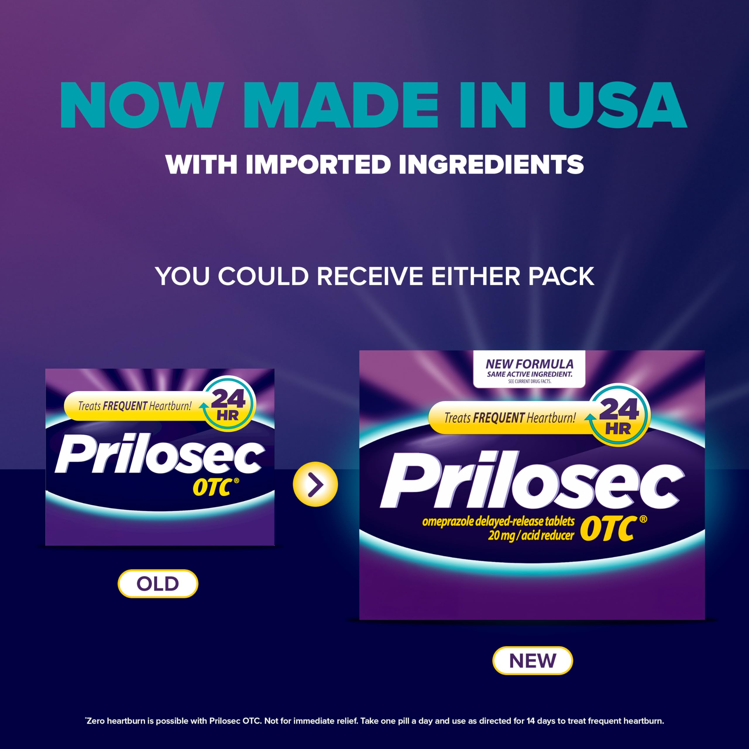 Prilosec OTC, Omeprazole Delayed Release 20mg, Acid Reducer, Treats Frequent Heartburn for 24 Hour Relief, All Day, All Night*, 20mg, 42 Tablets