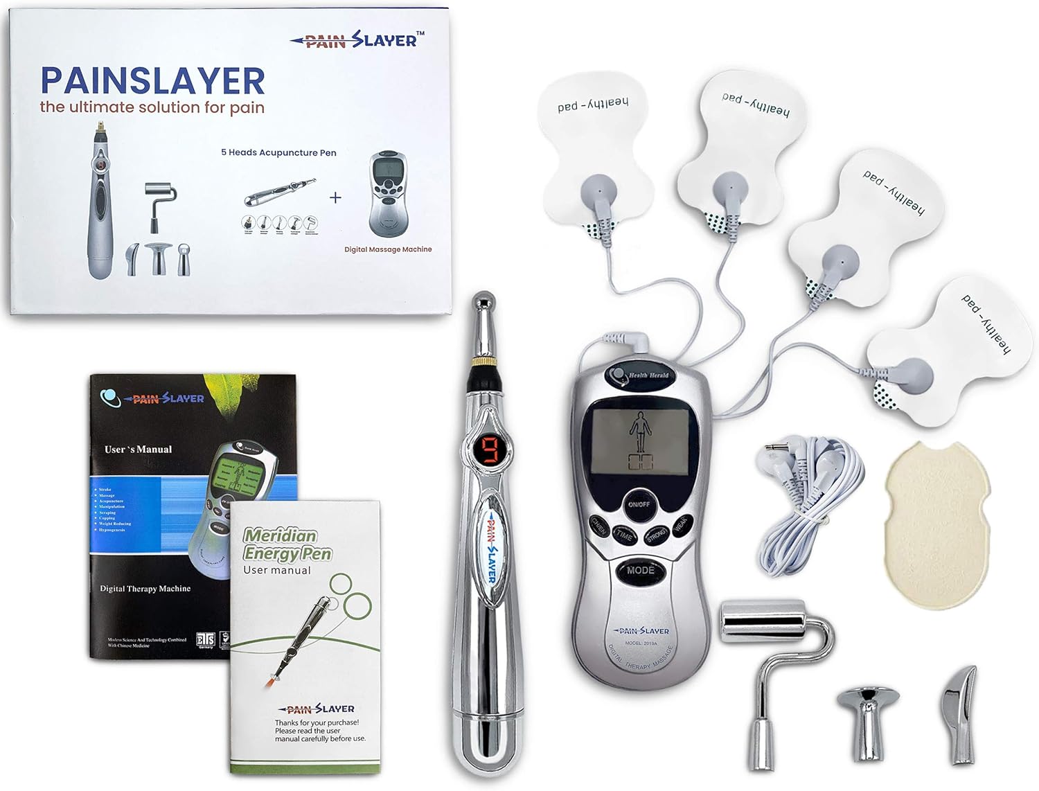PAINSLAYER Acupuncture Pen with 5 Massage Heads Plus Massage Therapy Machine Function Energy Pain Therapy Relief, Electric Acupuncture Pen,Electro Acupuncture,2 Devices in ONE Box: Health & Personal Care