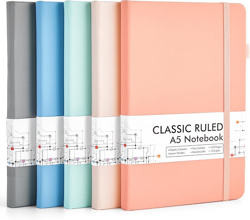 Feela 5 Pack A5 Notebooks Ruled Lined 120 GSM Hardback 128 Pages 21x13cm