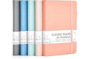 feela 5 Pack Notebooks Journals Bulk, Hardcover Classic Ruled Lined Journals with Pen Holder for Women Girls School Business Supplies, with 5 Black Pens, 120 GSM, 5.1”x8.3”, A5, Mild Colors