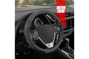 Motor Trend GripDrive Gray Carbon Fiber Steering Wheel Cover, Standard 15 inch Size, Black Faux Leather Comfort Grip, Car Steering Wheel Cover for Auto Truck Van SUV