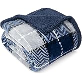 PAVILIA Blue Navy Plaid Sherpa Throw Blanket for Couch Twin, Plush Flannel Fleece, Soft Fuzzy Cabin for Sofa Bed, Warm Cozy Winter Gift, 60x80