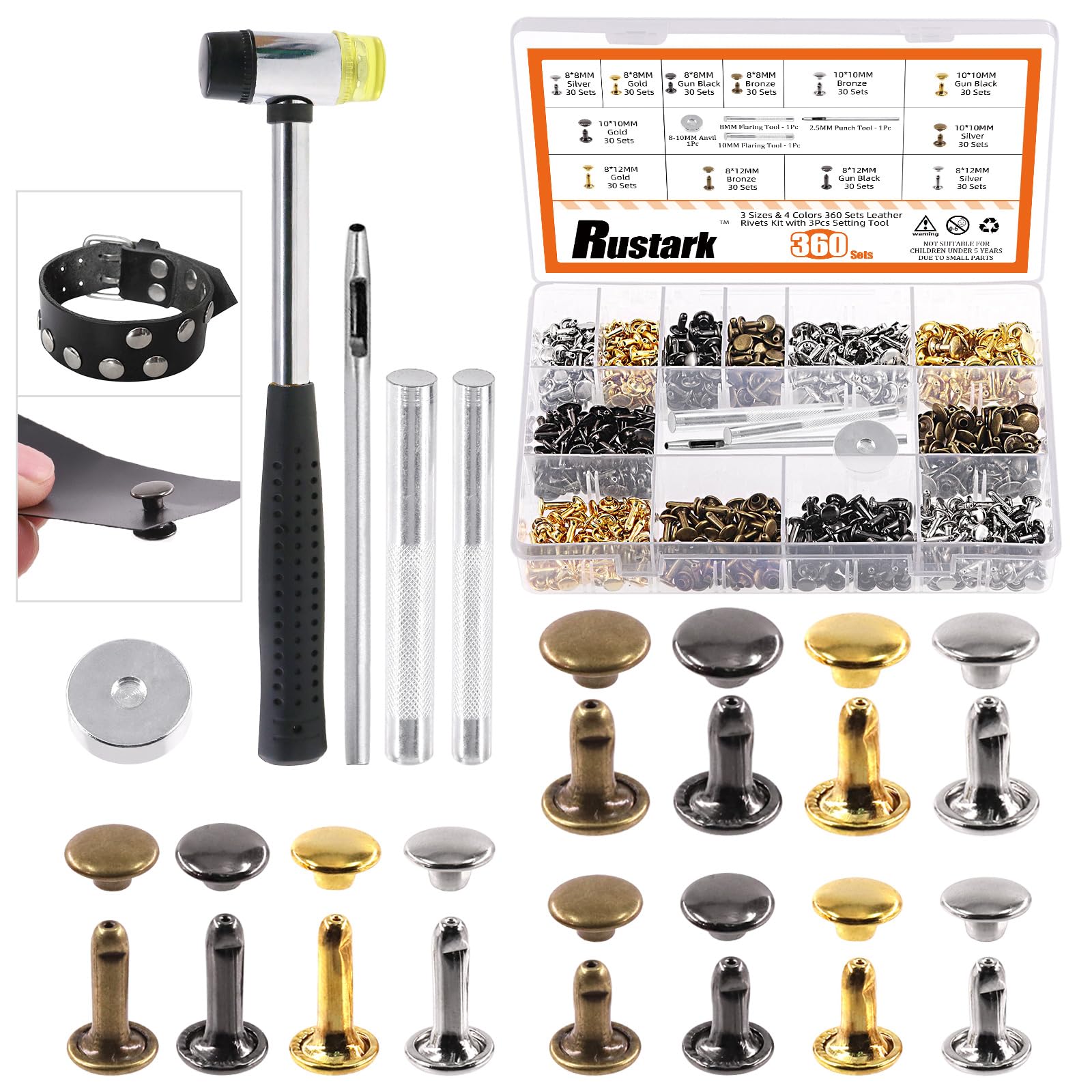 Rustark 360 Sets Leather Rivets Kit 3 Sizes 4 Colors Double Cap Rivet Tubular Metal Studs with Rubber Hammer and Setting Tools Kit for DIY Leather Craft (8x8mm, 8x12mm, 10x10mm)