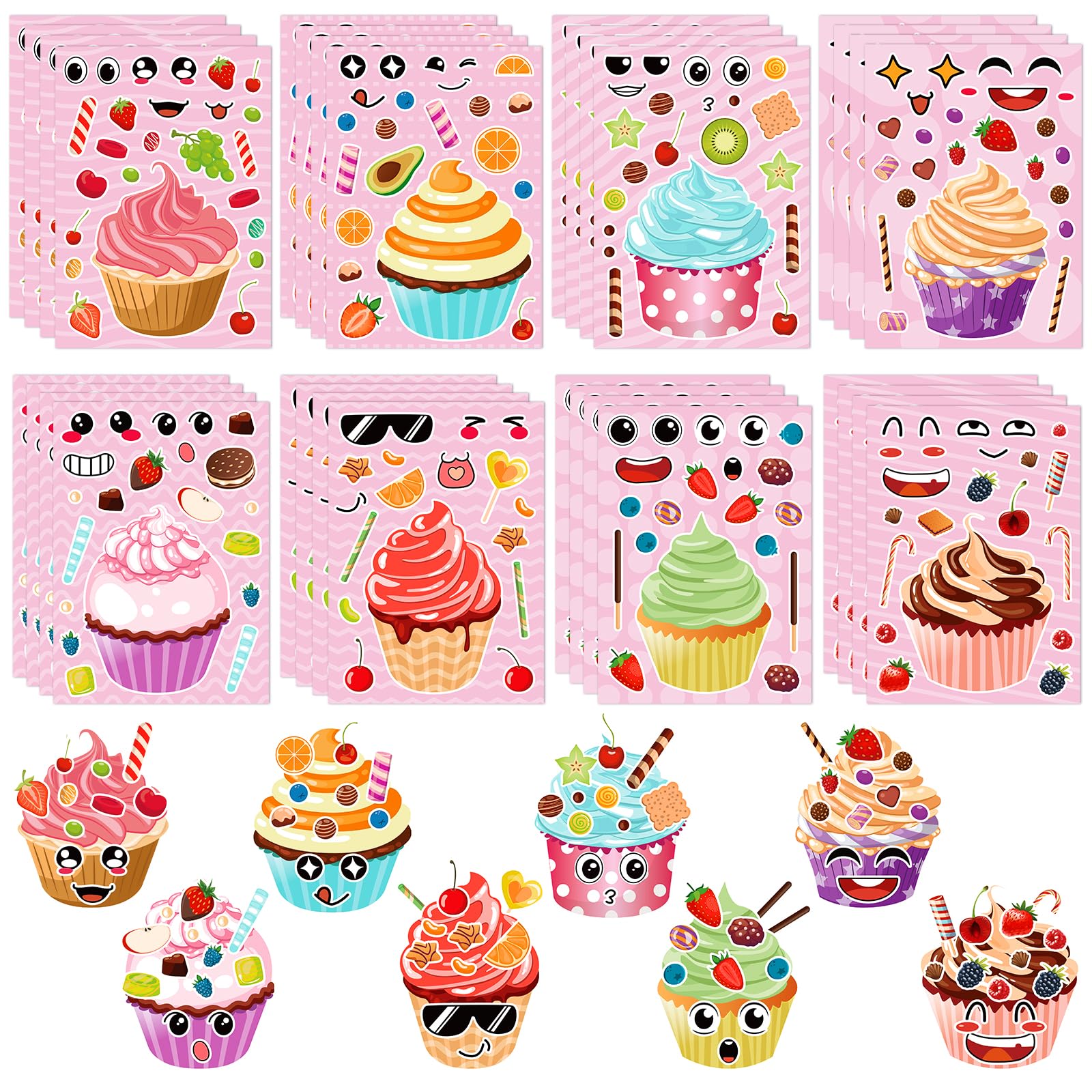 32 Sheets Make Your Own Cupcake Stickers, Creative Fun Dessert Game Sticker Kits for Kids Baking Party Birthday Party Favors, DIY Art Crafts Supplies