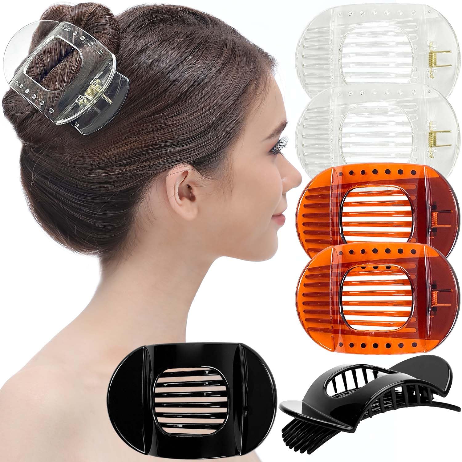 RC ROCHE 6 Pcs Flat Claw Hair Clips for Women Thick Hair French Round Duckbill Square Secure Strong Hold Grip Clamps Barrettes Curved No Slip No Crease Styling Cute Jumbo XL, Large Clear Brown & Black