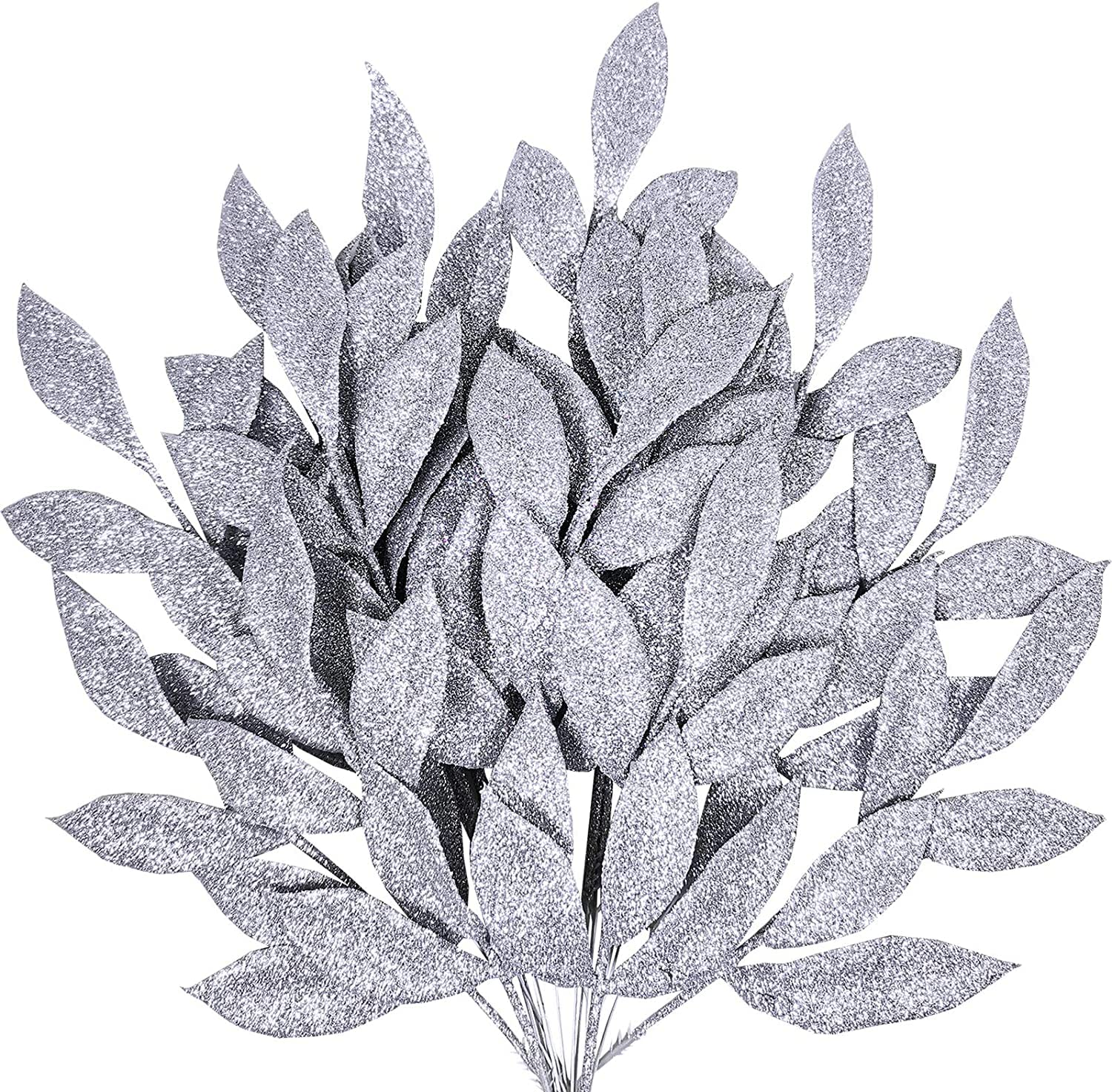 VEYLIN 12 Pcs Artificial Christmas Leaves, Silver Glitter Leaves Picks for Xmas Tree Wreath Festival Decoratin