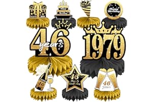 JOYCARD 46th Birthday Decorations Set, 1979 Table Toppers for Women Men Birthday Party Supplies, Happy 46 Year Old Table Decoration for Mother and Dad, 9Pcs Black & Gold Honeycomb Centerpieces