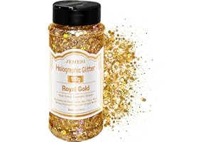 JEMESI Holographic Chunky Glitter, 100g Royal Gold Cosmetic Craft Glitter for Epoxy Resin, Nail Sequins Iridescent Flakes, Body, Face, Hair, Nail, Glitter Slime Making