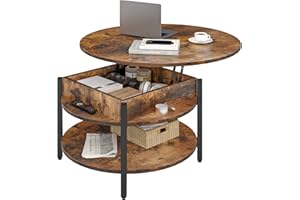 FABATO Round Lift Top Coffee Table for Living Room, 35.43'' Round Coffee Table with Storage and Hidden Compartment, 2 Tier Large Farmhouse Coffee Table Round Dining Table, Rustic Brown