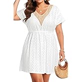 Plus Size Swimsuit Cover Up - Women Hollow Out Lace V-Neck Casual Swimwear Coverups