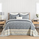 FineStichery 100% Cotton Oversized Quilt 128"x120", Extra Large Cal King Bedspread, Farmhouse Botanical Bed Spreads Coverlet, Lightweight Quilted Bedding Cover, 3 Piece, Grayish Blue/Beige