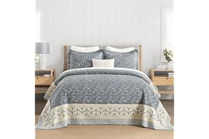 FineStichery 100% Cotton Oversized Quilt 120"x102", Extra Large Queen Bedspread, Farmhouse Botanical Bed Spreads Coverlet, Lightweight Quilted Bedding Cover, 3 Piece, Grayish Blue/Beige