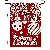 Merry Christmas Garden Flags 12x18 Double Sided Burlap, Winter Xmas Red Balls Decorations Seasonal Sign Small Flag for Holiday Party Farmhouse Outdoor Yard Lawn DF594