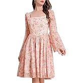 Fall Wedding Guest Dresses for Women Floral Chiffon Dresses Long Bell Sleeve Square Neck Short Ruffle Dress