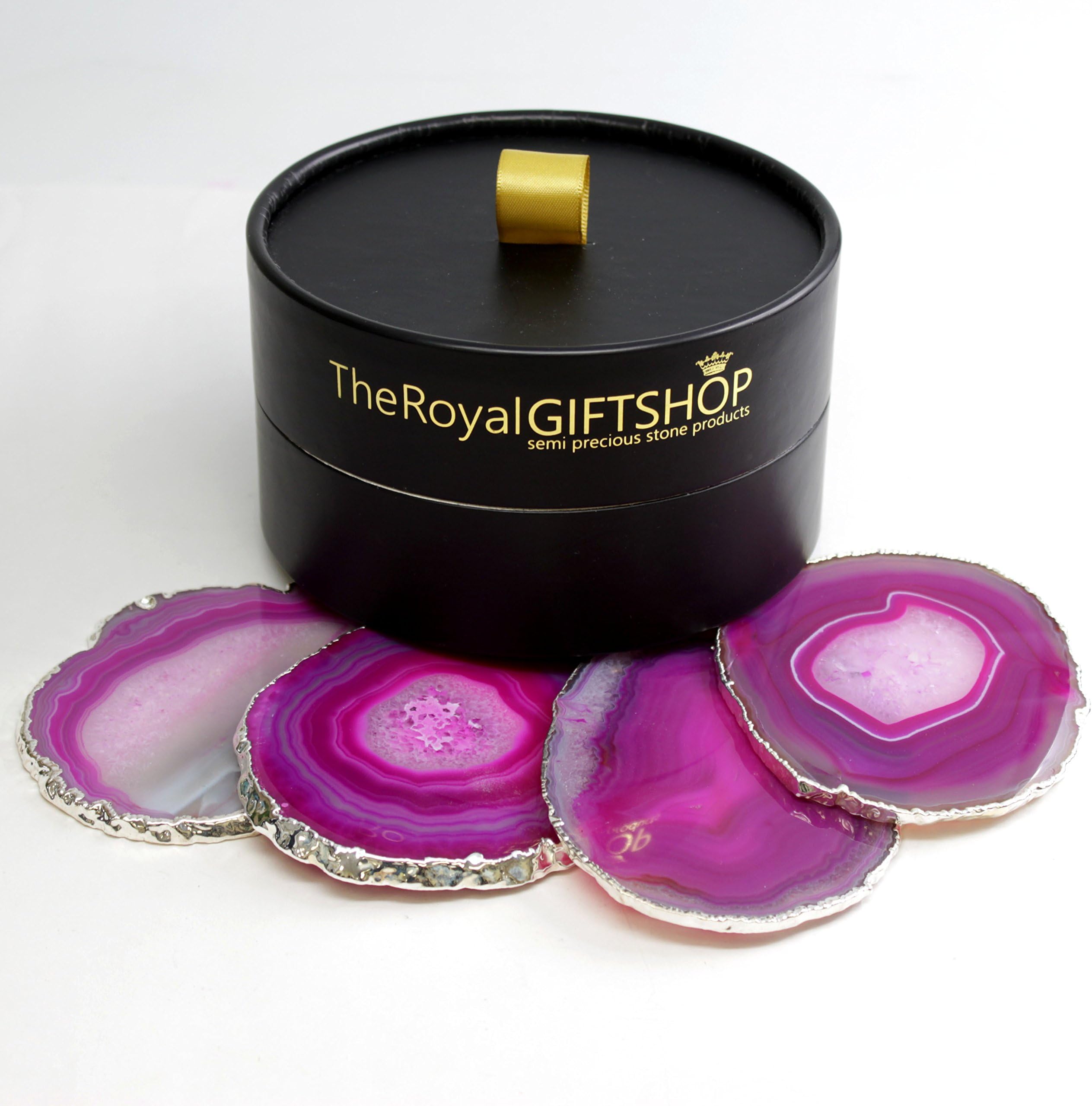 Silver Plated Agate Drink Coasters Set of 4 (Pink) with Deluxe Gift and Storage Box. Protective rubber bumpers attached