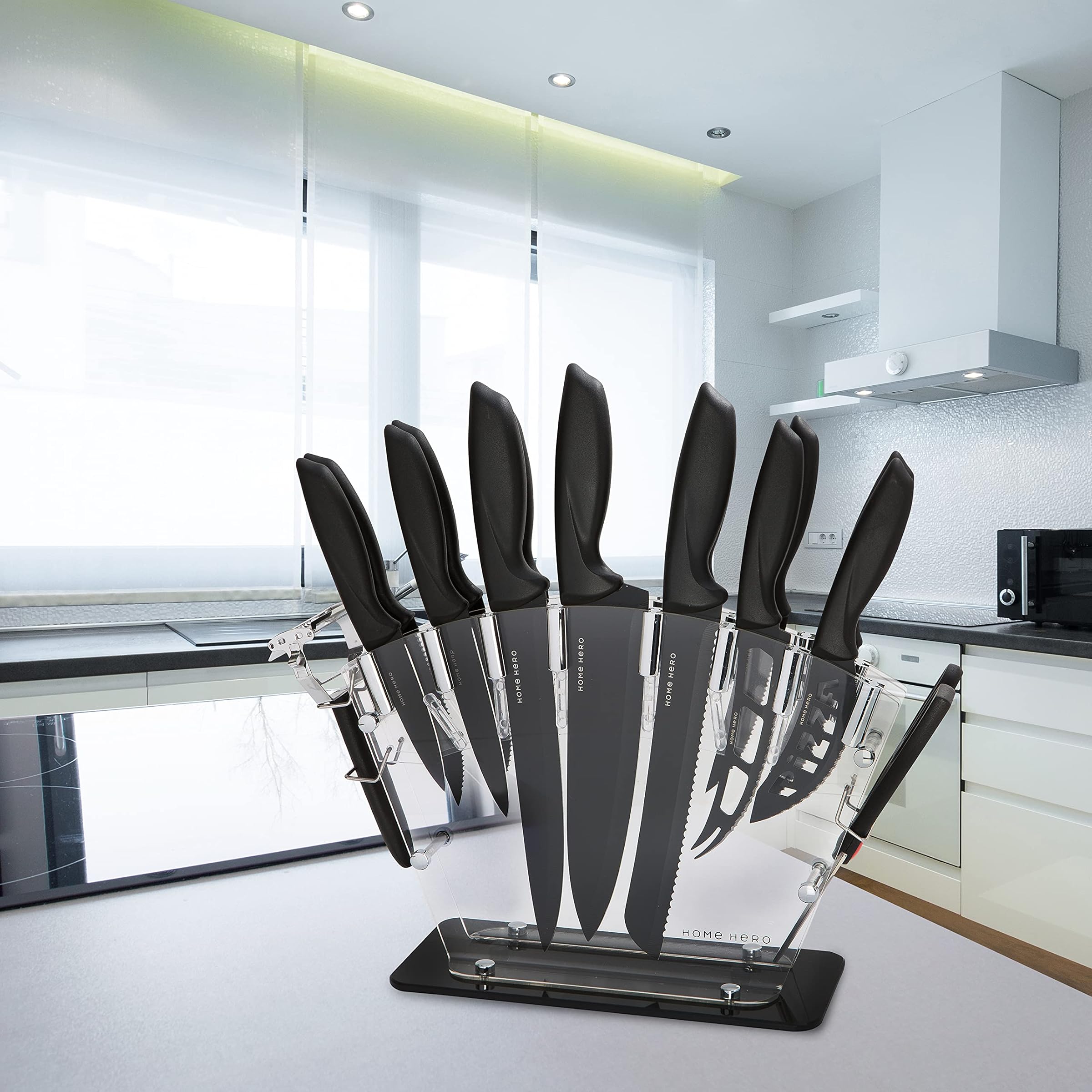 Stainless Steel Knife/Knife Set with Block - 13 Piece Kitchen Knife Set, Chef Knife Sharpener, 6 Steak Knives, Peeler, Scissors, Cheese Knife, Pizza Knife & Acrylic Stand - Best Cutlery Set Gift