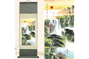 Newscz Asian Wall Art Vertical Art Mural for Living Room Silk Scroll Landscape Painting Sunrise Over Mountain Peaks and Cascading Waterfalls Art Poster Oriental Decor Wall Scroll 36 by 12 in