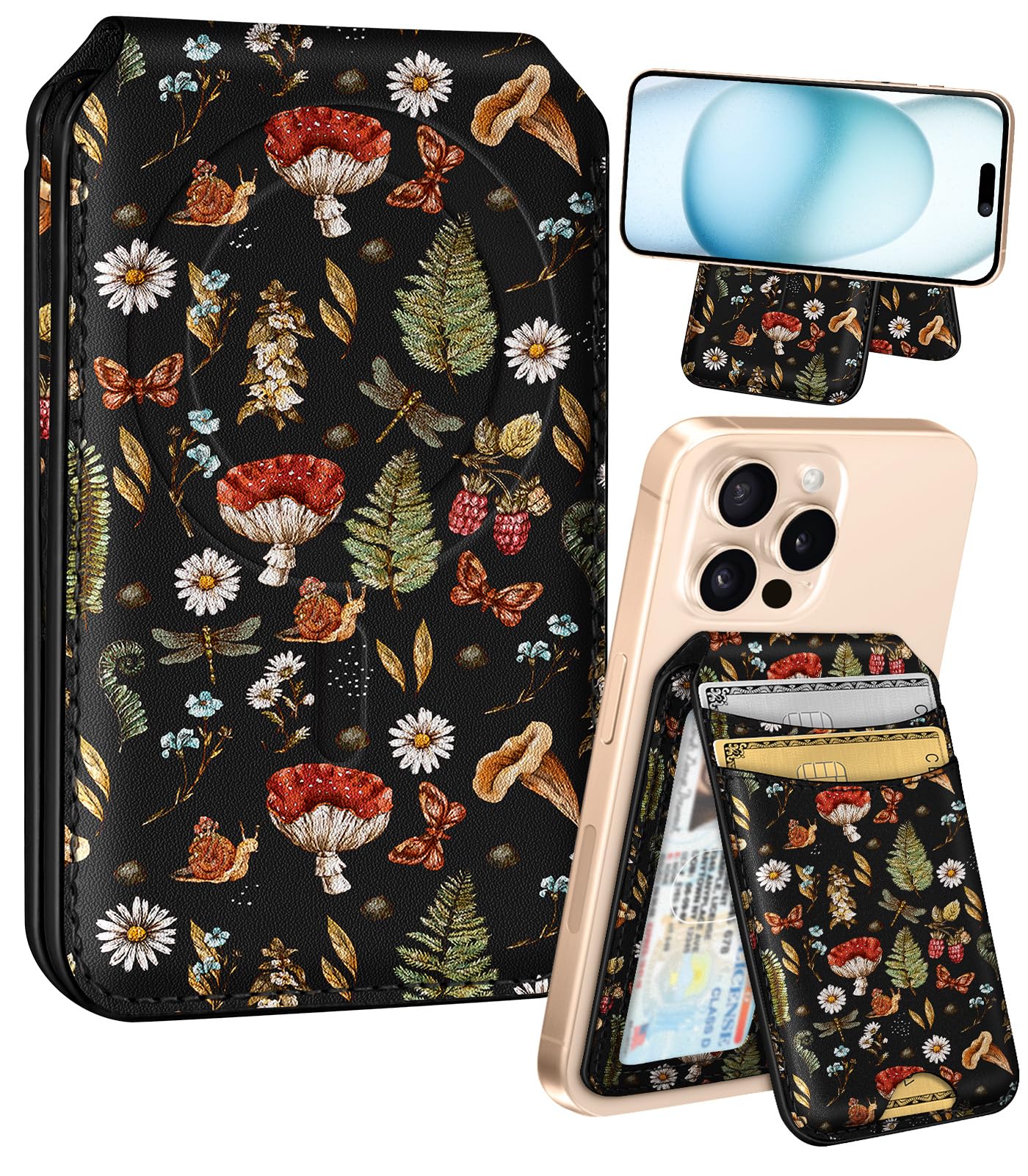 Shorogyt Compatible with Magsafe Wallet for Magnetic Fold Card Holder for Women - Cute Phone Wallet for iPhone 17/16/15/14/13/12 Series,RFID Blocking Stand Printed Leather Fit 4 Cards,Black Mogu