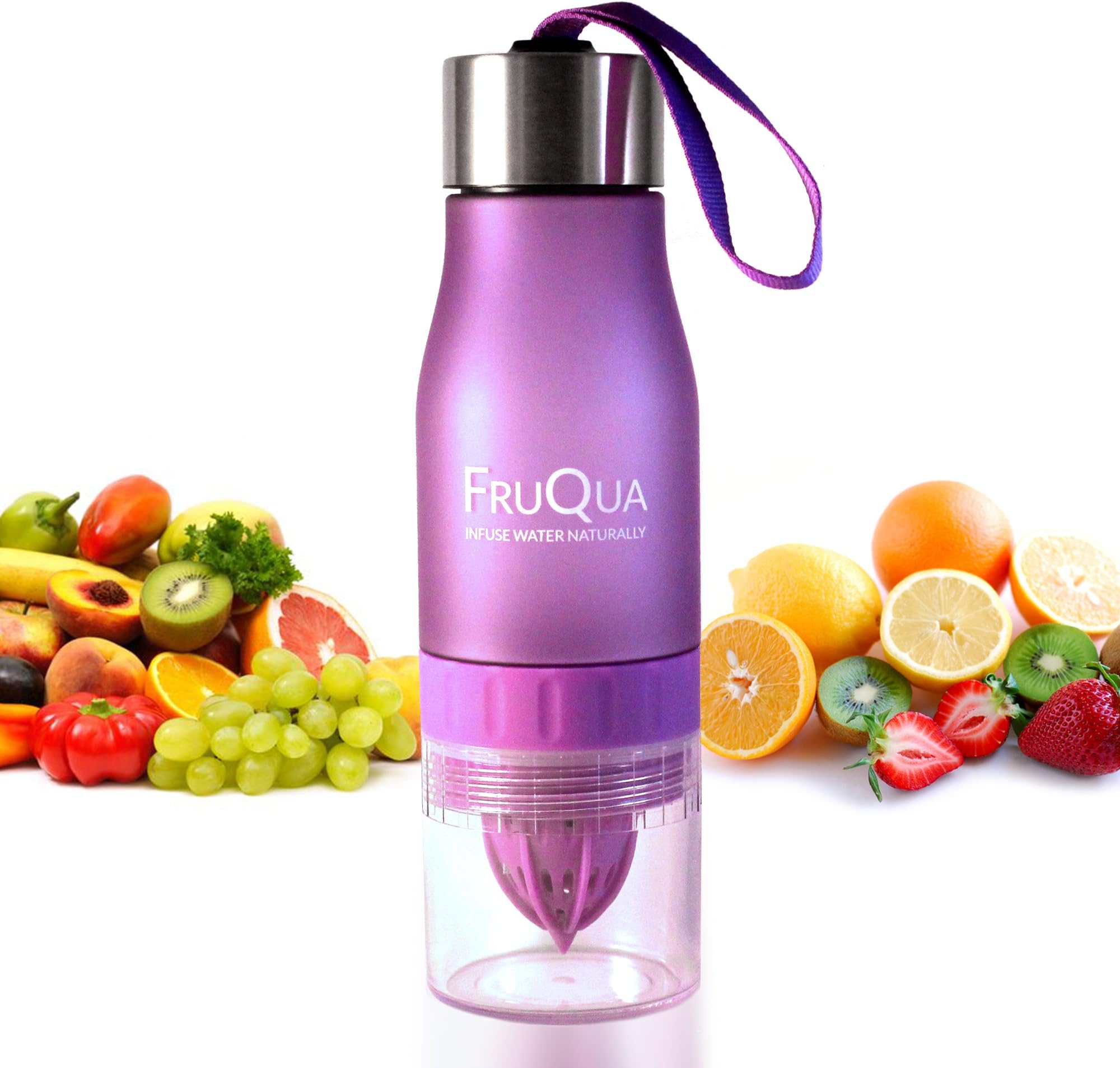 FruQua Fruit Infuser Water Bottle in 8 Vibrant Colours, BPA Free, 650ML for Drinking with FREE Fruit Infused Recipe eBOOK, Leak Proof, made with TRITAN material.