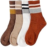 Rolanrosa Womens Striped Crew Socks,Cotton Casual Cozy Athletic Calf Socks for Women Girls 4 Pairs, Size 5-10