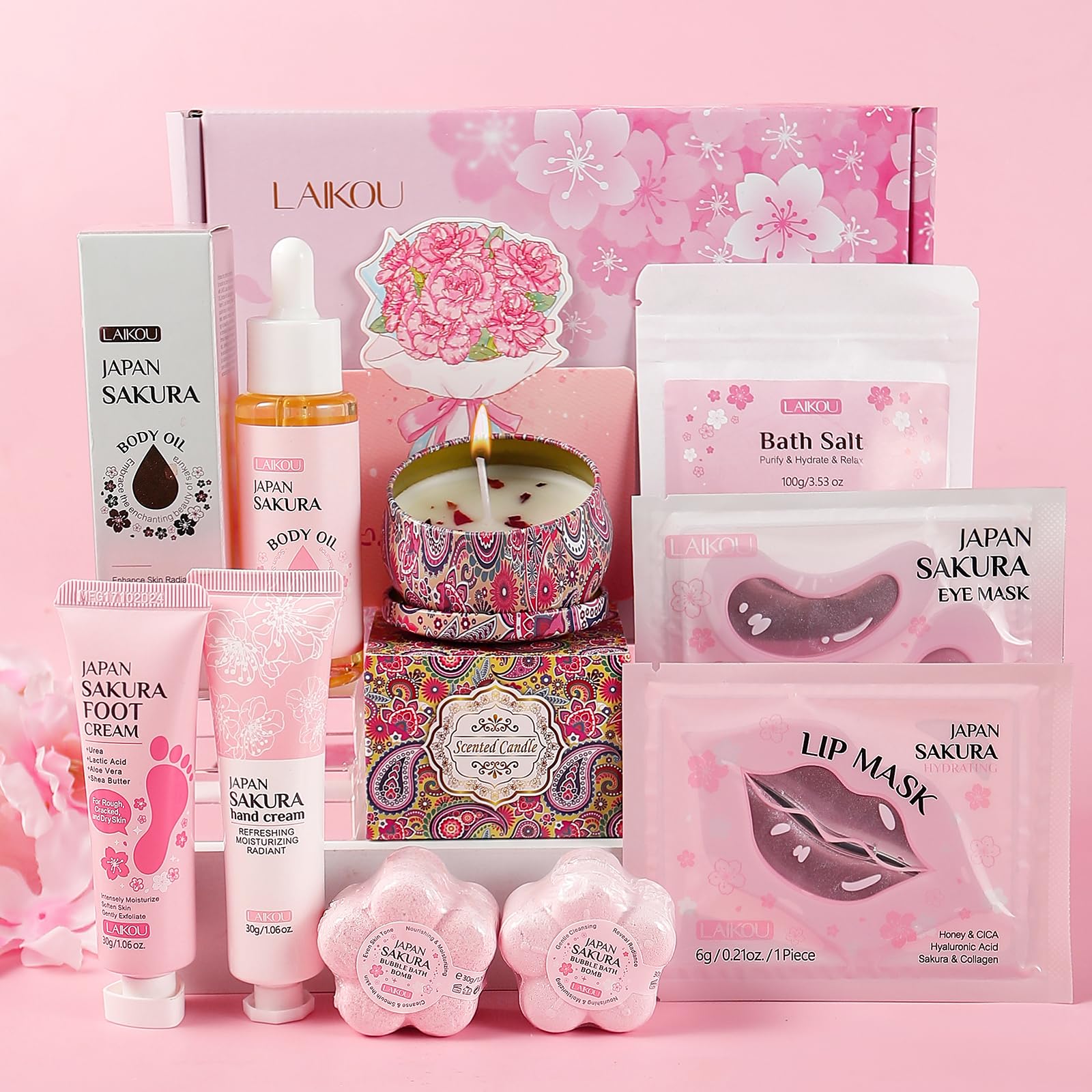 LAIKOU Sakura Pamper Gift Set, Ultimate Bath & Body Care Collection, Hand & Foot Cream, Body Oil, Bath Bombs, Aromatherapy Candle and More, Self Care Package, Spa Gift Set for Women & Teen Girls