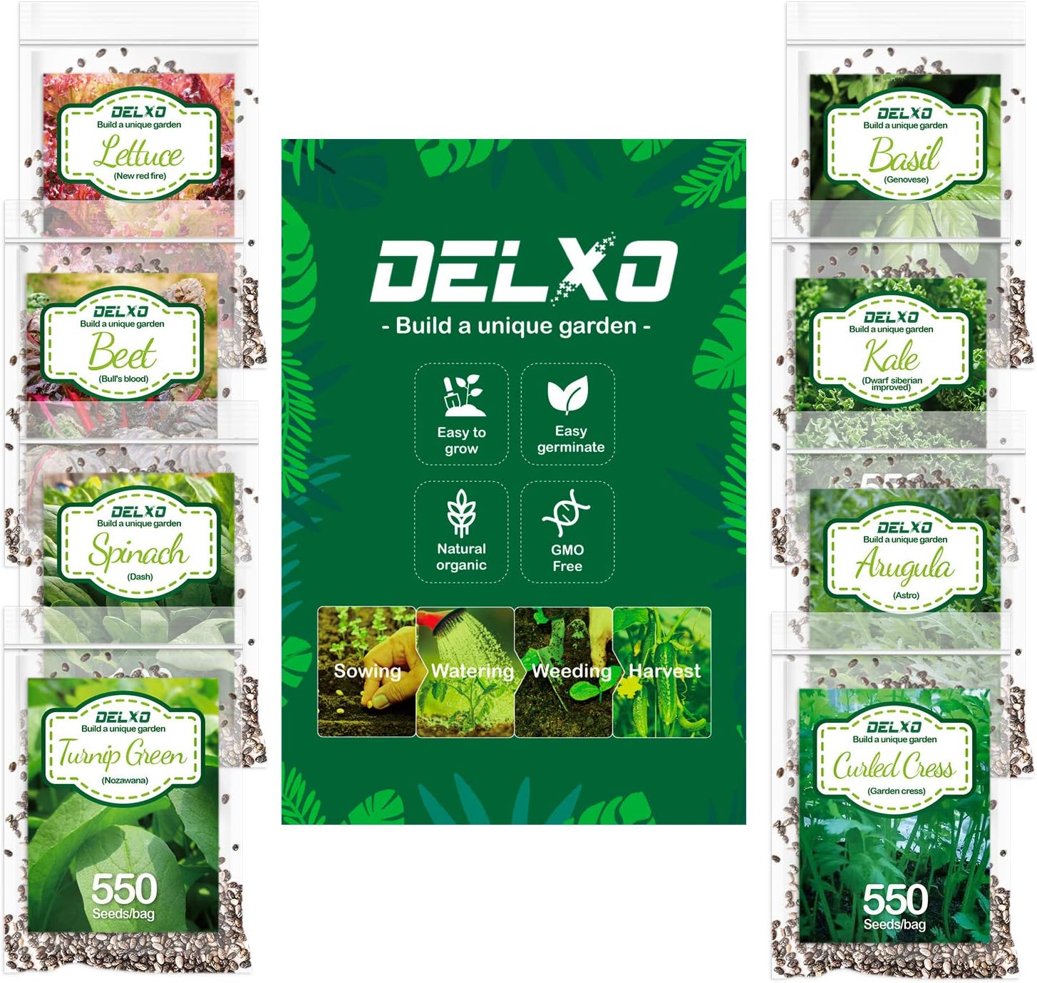 DELXO Organic Lettuce Seeds Set 3500 Seeds, 8 Varieties Heirloom Vegetable Seeds, 100% Non-GMO Seeds for Planting