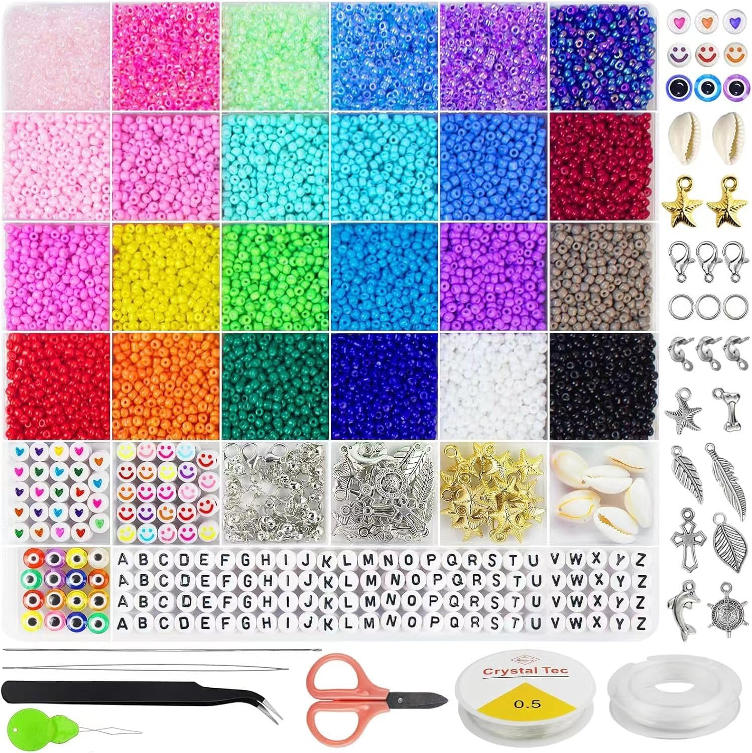 Jamish Store JS Beads for Bracelets Kit, 24 Colors 14440 pcs 3mm Glass Seed Beads Multi Color, Rainbow Beads DIY Bracelet Necklaces Jewelry with 100pcs Alphabet Letter Beads and Accessories