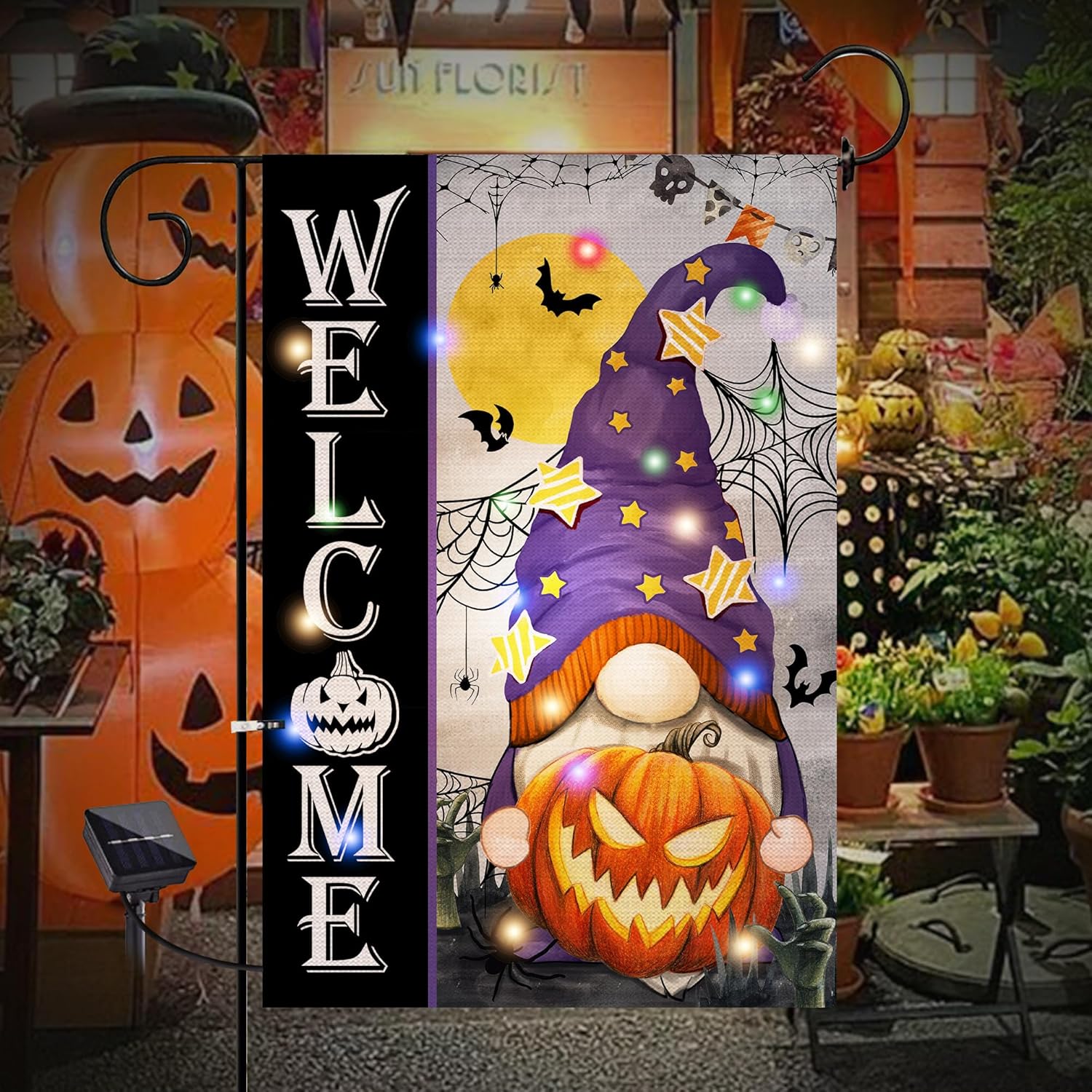 Flags - LED Lighted Halloween Garden Flag, Halloween Decorations Outdoor Solar Lights Garden Flags 12x18 Double Sided, Halloween Decor Pumpkin Gnome Welcome Yard Flags for Garden Porch Holiday Party Outside