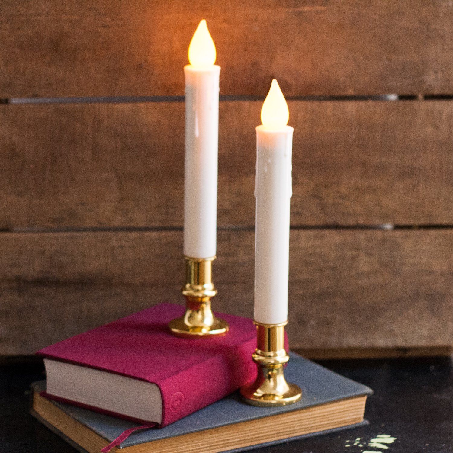 Galleon Flameless Taper Window Candles With Gold Removable Holders