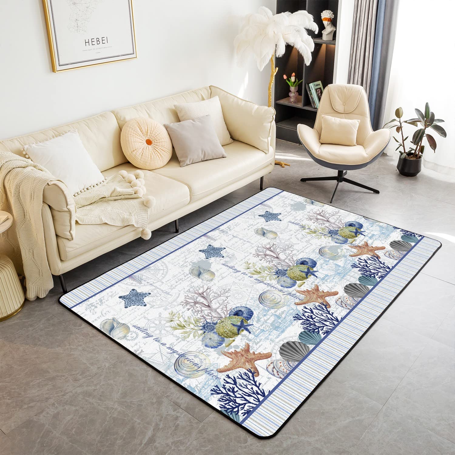 Loussiesd Shell Area Rug Coral Living Room Rugs Marine Life SeaLife Decorative Carpet Under Sea Life Indoor Floor Mat White Blue Accent Rug 100 * 150cm