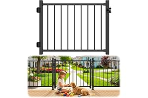 GUWEZOY W.4ft x H.36in Aluminum Deck Gate Outdoor, Cuttable Porch Gate Kit with Latch and Auto-Closing Hinge, Sand-Texture Black Outdoor Gate for Deck Railing Patios, Porch, Garden, Yard
