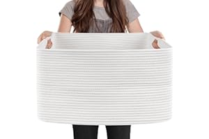 MEGASKET Extra Large White Storage Basket, 23.6" x 17" x 12" Rectangle Blanket Basket Living Room, Woven Cotton Rope Basket, Toy Basket Bins, XXXL Baskets for Organizing, Wicker Laundry Baskets